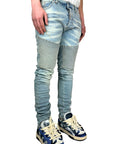 SANDBLASTED BLUE BIKER JEANS