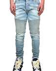 SANDBLASTED BLUE BIKER JEANS