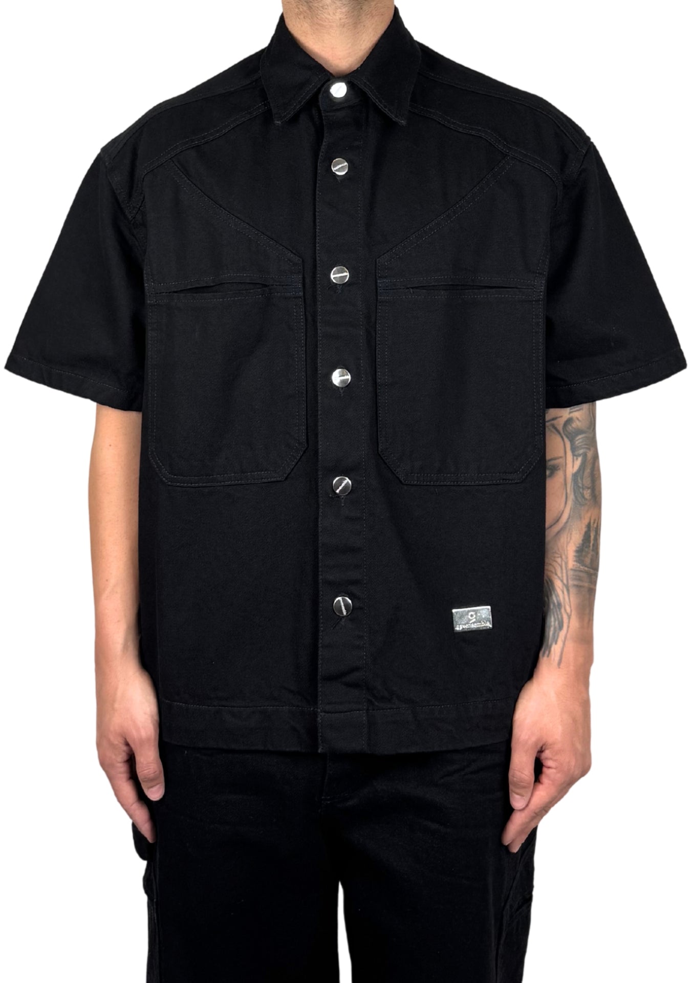 DOUBLE POCKET  BLACK DENIM SHIRT